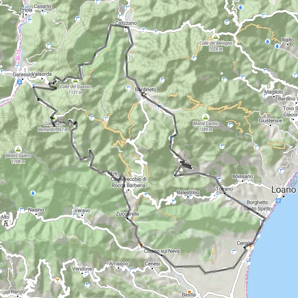 Map miniature of "The Ligurian Hills Road Cycling Adventure" cycling inspiration in Liguria, Italy. Generated by Tarmacs.app cycling route planner