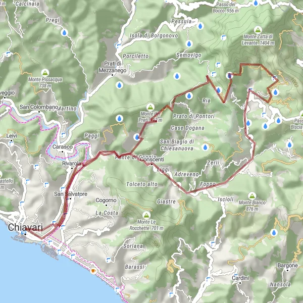 Map miniature of "Gravel Cycling Exploration: Chiavari to Zerli Adventure" cycling inspiration in Liguria, Italy. Generated by Tarmacs.app cycling route planner
