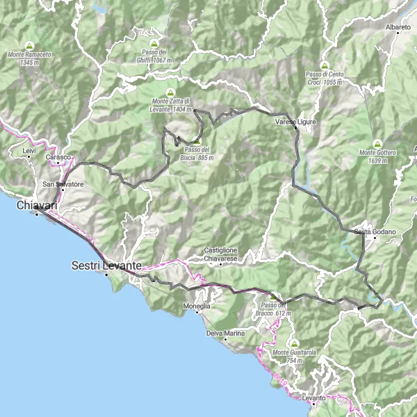Kartminiatyr av "Gjennom fjell og daler fra Chiavari til Sestri Levante" sykkelinspirasjon i Liguria, Italy. Generert av Tarmacs.app sykkelrutoplanlegger