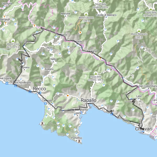 Kartminiatyr av "Rapallo og Passo dell'Anchetta Sykkeltur" sykkelinspirasjon i Liguria, Italy. Generert av Tarmacs.app sykkelrutoplanlegger