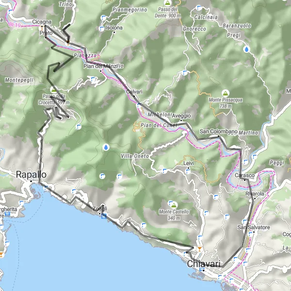 Miniaturní mapa "Scenic Road Loop to Coreglia Ligure" inspirace pro cyklisty v oblasti Liguria, Italy. Vytvořeno pomocí plánovače tras Tarmacs.app