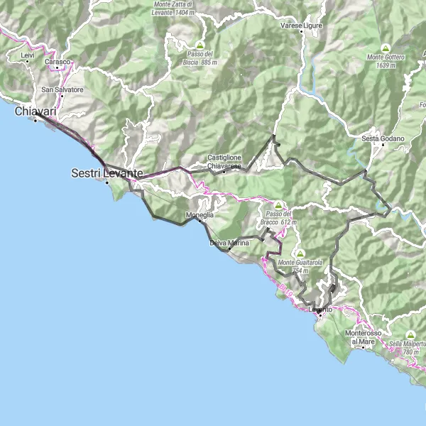 Miniaturní mapa "Chiavari - Monte Rossòla - Lavagna Loop" inspirace pro cyklisty v oblasti Liguria, Italy. Vytvořeno pomocí plánovače tras Tarmacs.app