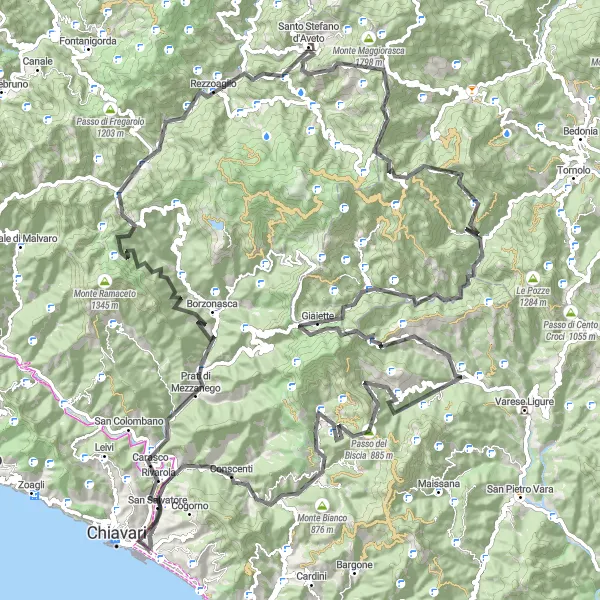 Karttaminiaatyyri "Chiavari - Passo della Forcella - Comuneglia Loop" pyöräilyinspiraatiosta alueella Liguria, Italy. Luotu Tarmacs.app pyöräilyreittisuunnittelijalla