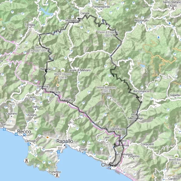 Kartminiatyr av "Utmanande bergscykling genom Chiavaris omgivningar" cykelinspiration i Liguria, Italy. Genererad av Tarmacs.app cykelruttplanerare