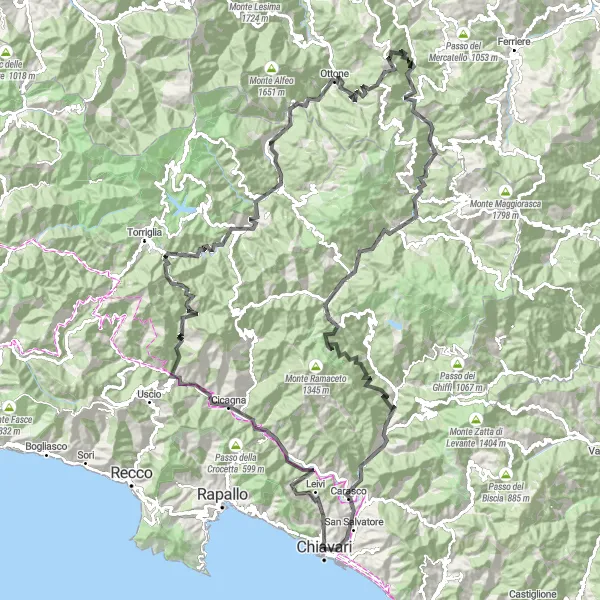 Miniaturní mapa "Chiavari - Monte Veri - Carasco Circuit" inspirace pro cyklisty v oblasti Liguria, Italy. Vytvořeno pomocí plánovače tras Tarmacs.app