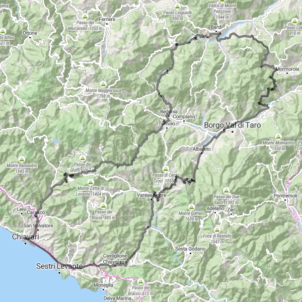 Karttaminiaatyyri "Chiavari - Passo del Bocco - Monte Tanano Loop" pyöräilyinspiraatiosta alueella Liguria, Italy. Luotu Tarmacs.app pyöräilyreittisuunnittelijalla