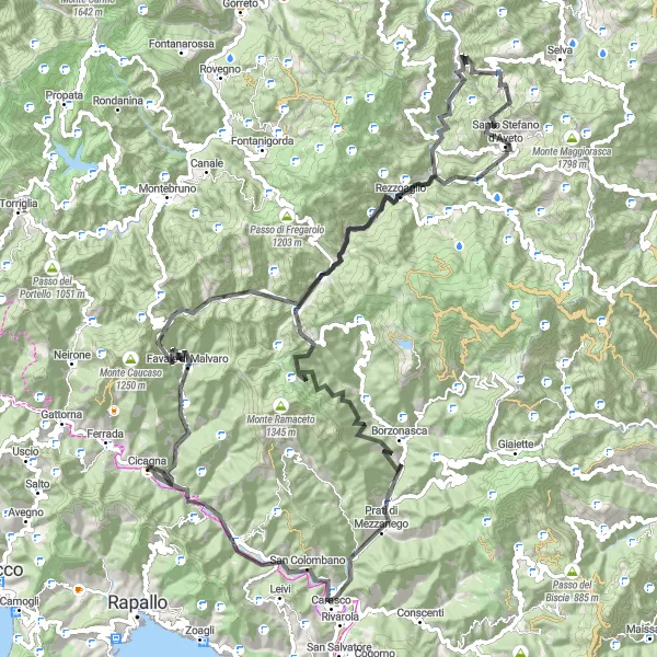 Miniatura della mappa di ispirazione al ciclismo "Cicagna - Giro Favale di Malvaro" nella regione di Liguria, Italy. Generata da Tarmacs.app, pianificatore di rotte ciclistiche