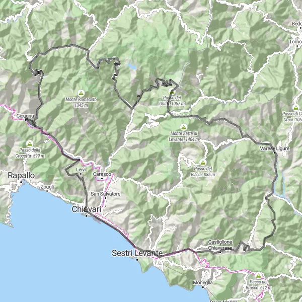 Map miniature of "Road Cycling from Cicagna to Coreglia Ligure (Extended)" cycling inspiration in Liguria, Italy. Generated by Tarmacs.app cycling route planner