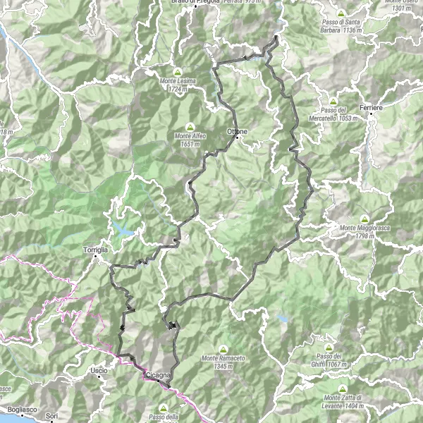 Miniature de la carte de l'inspiration cycliste "Exploration des montagnes de Ligurie" dans la Liguria, Italy. Générée par le planificateur d'itinéraire cycliste Tarmacs.app