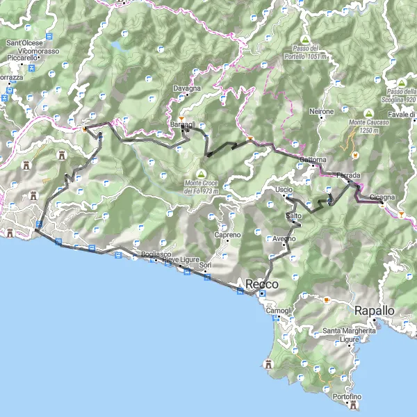 Miniatua del mapa de inspiración ciclista "Desafío de Cicagna" en Liguria, Italy. Generado por Tarmacs.app planificador de rutas ciclistas