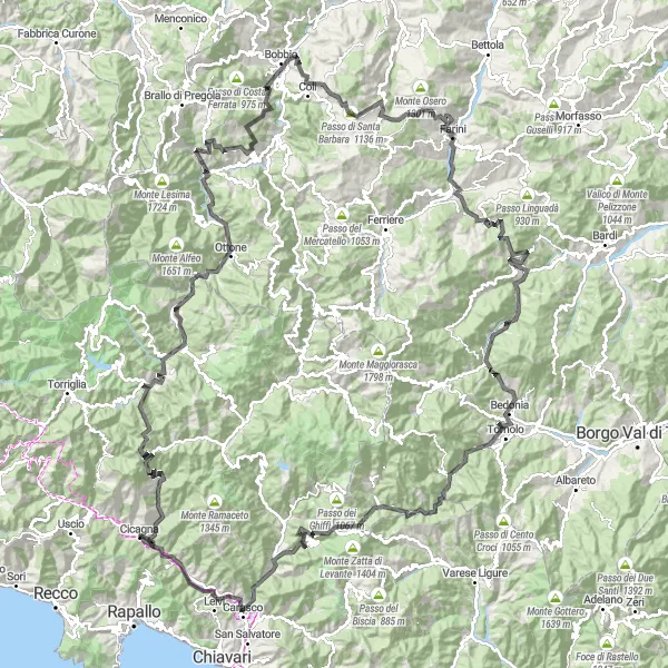 Map miniature of "Scenic Ride through Ligurian Mountains" cycling inspiration in Liguria, Italy. Generated by Tarmacs.app cycling route planner