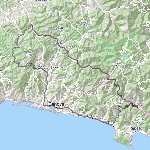 Miniatua del mapa de inspiración ciclista "Expedición ciclista desde Cicagna a Genoa" en Liguria, Italy. Generado por Tarmacs.app planificador de rutas ciclistas