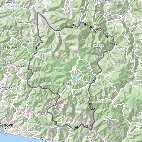 Miniatua del mapa de inspiración ciclista "Ruta de montaña desde Cicagna hasta Montebruno" en Liguria, Italy. Generado por Tarmacs.app planificador de rutas ciclistas