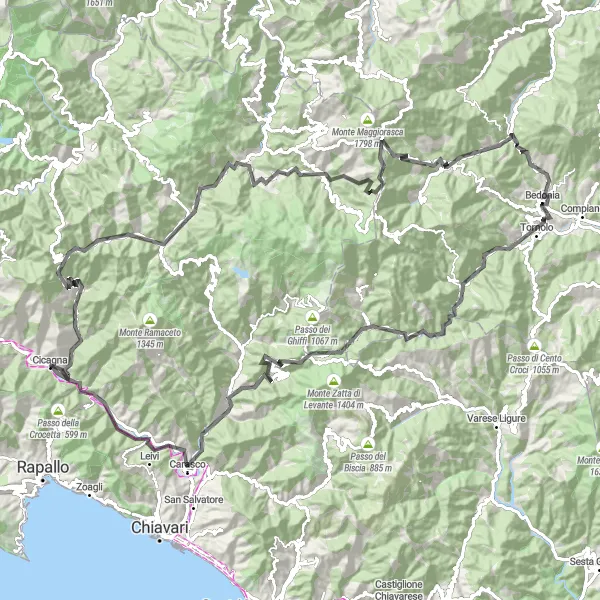 Mapa miniatúra "Cyklotrasa Rezzoaglio Circuit" cyklistická inšpirácia v Liguria, Italy. Vygenerované cyklistickým plánovačom trás Tarmacs.app