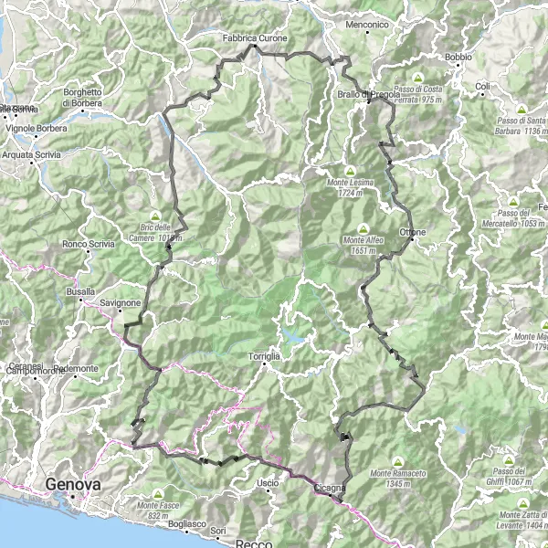 Miniatura della mappa di ispirazione al ciclismo "Giro in bicicletta da Cicagna a Passo della Scoglina" nella regione di Liguria, Italy. Generata da Tarmacs.app, pianificatore di rotte ciclistiche