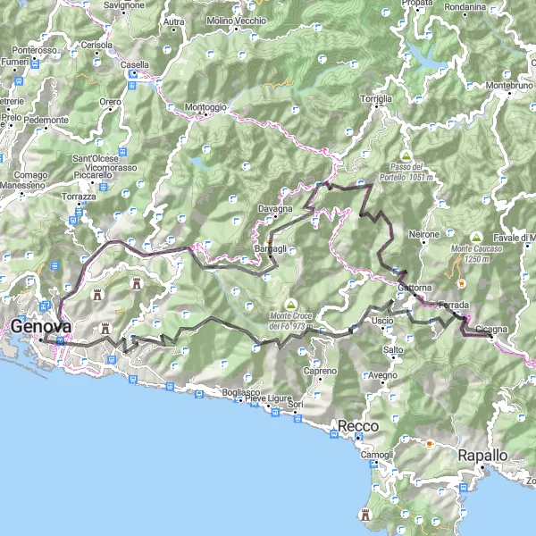 Miniatuurkaart van de fietsinspiratie "Cicagna naar Genoa en terug" in Liguria, Italy. Gemaakt door de Tarmacs.app fietsrouteplanner