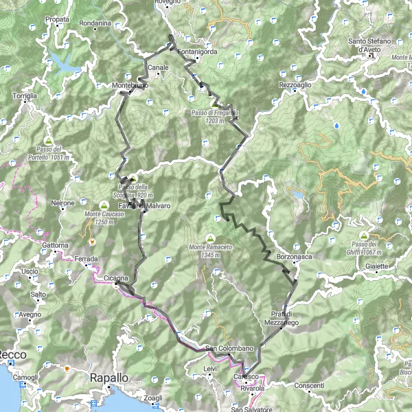 Karten-Miniaturansicht der Radinspiration "Malvaro Pass Tour" in Liguria, Italy. Erstellt vom Tarmacs.app-Routenplaner für Radtouren