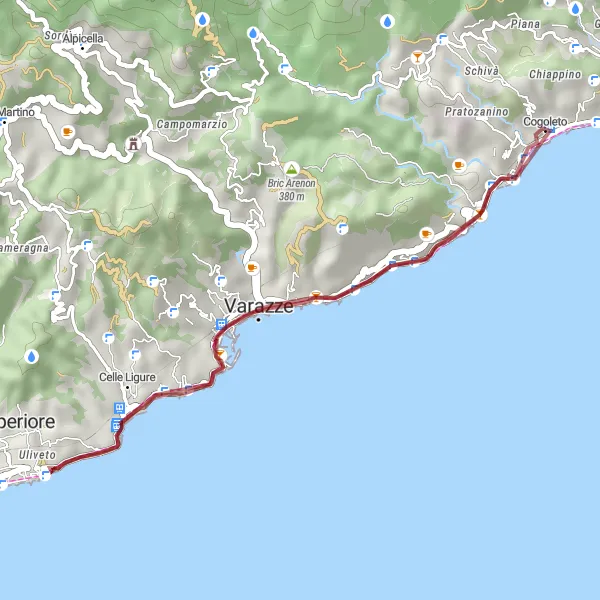 Zemljevid v pomanjšavi "Gravel pot od Cogoleto: Varazze" kolesarske inspiracije v Liguria, Italy. Generirano z načrtovalcem kolesarskih poti Tarmacs.app