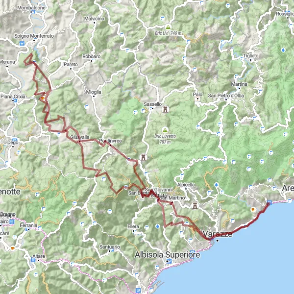 Kartminiatyr av "Grusvägar och Bergstoppar i Ligurien" cykelinspiration i Liguria, Italy. Genererad av Tarmacs.app cykelruttplanerare