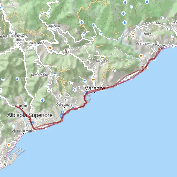 Miniaturekort af cykelinspirationen "Varazze til Curva del Salto Rundtur" i Liguria, Italy. Genereret af Tarmacs.app cykelruteplanlægger