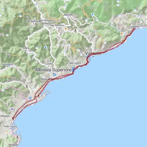 Miniaturekort af cykelinspirationen "Grusvej cykelrute med 595 meters stigning og 48 km distance" i Liguria, Italy. Genereret af Tarmacs.app cykelruteplanlægger