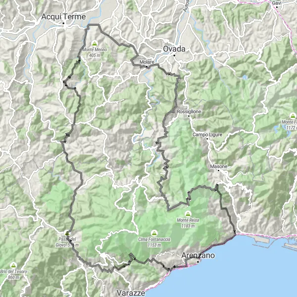 Miniatuurkaart van de fietsinspiratie "Uitdagende beklimmingen in de Ligurische bergen" in Liguria, Italy. Gemaakt door de Tarmacs.app fietsrouteplanner