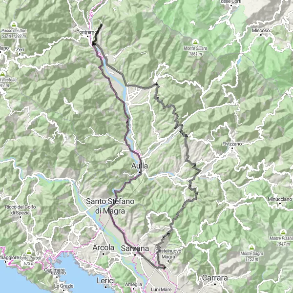 Map miniature of "Valley Delights and Mountain Charm" cycling inspiration in Liguria, Italy. Generated by Tarmacs.app cycling route planner