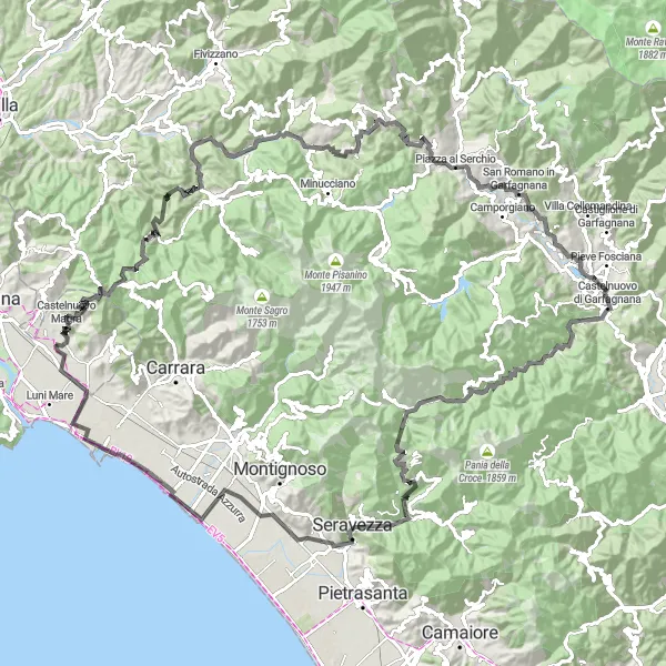Kartminiatyr av "Utforsk Garfagnana-dalen" sykkelinspirasjon i Liguria, Italy. Generert av Tarmacs.app sykkelrutoplanlegger