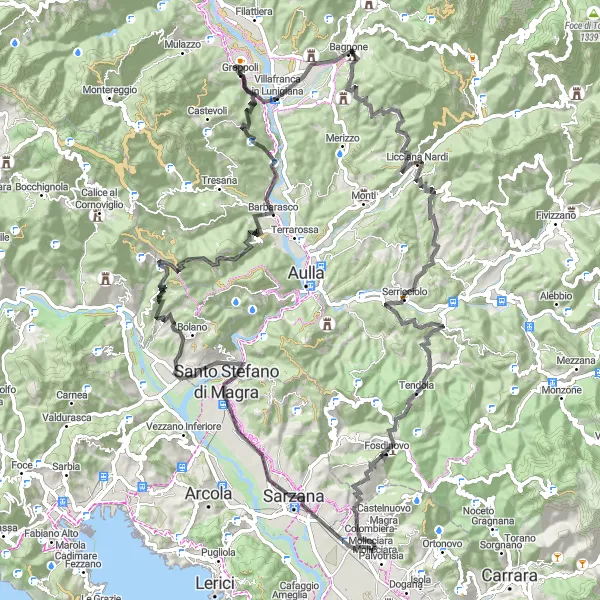 Miniatua del mapa de inspiración ciclista "Ruta desde Colombiera-Molicciara a Caniparola y más allá" en Liguria, Italy. Generado por Tarmacs.app planificador de rutas ciclistas