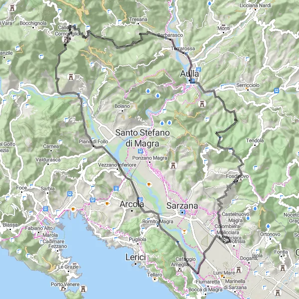 Kartminiatyr av "Eventyrlystne klatringer gjennom Colombiera-Molicciara" sykkelinspirasjon i Liguria, Italy. Generert av Tarmacs.app sykkelrutoplanlegger