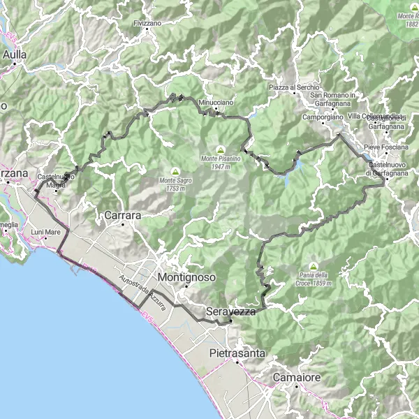Map miniature of "Conquer the Ligurian Alps" cycling inspiration in Liguria, Italy. Generated by Tarmacs.app cycling route planner