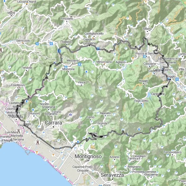 Map miniature of "Mountainous Adventure in Lunigiana" cycling inspiration in Liguria, Italy. Generated by Tarmacs.app cycling route planner