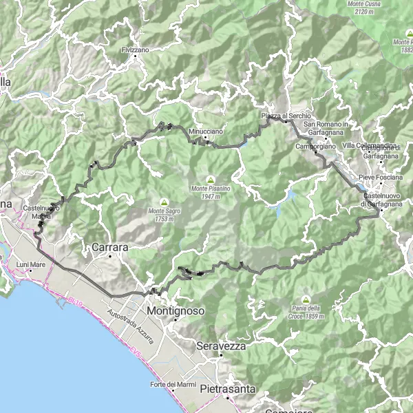 Map miniature of "Lunigiana Castles and Peaks" cycling inspiration in Liguria, Italy. Generated by Tarmacs.app cycling route planner