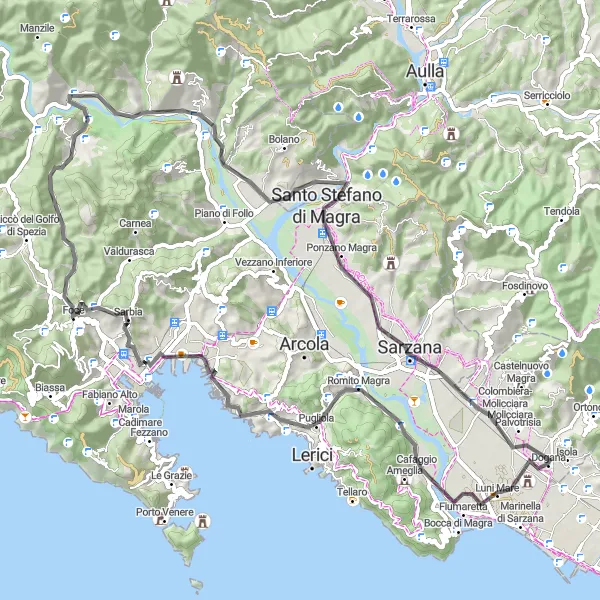 Miniaturní mapa "Okružní cyklotrasa poblíž Colombiera-Molicciara" inspirace pro cyklisty v oblasti Liguria, Italy. Vytvořeno pomocí plánovače tras Tarmacs.app