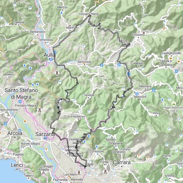Miniature de la carte de l'inspiration cycliste "Col di Paghezzana Loop" dans la Liguria, Italy. Générée par le planificateur d'itinéraire cycliste Tarmacs.app