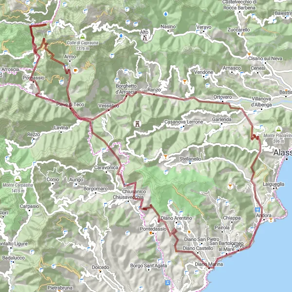 Map miniature of "Gravel Adventure through Liguria's Hinterland" cycling inspiration in Liguria, Italy. Generated by Tarmacs.app cycling route planner