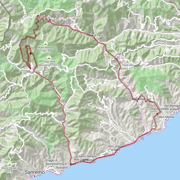 Miniaturní mapa "Náročná gravelová trasa kolem oblasti Diano Castello" inspirace pro cyklisty v oblasti Liguria, Italy. Vytvořeno pomocí plánovače tras Tarmacs.app