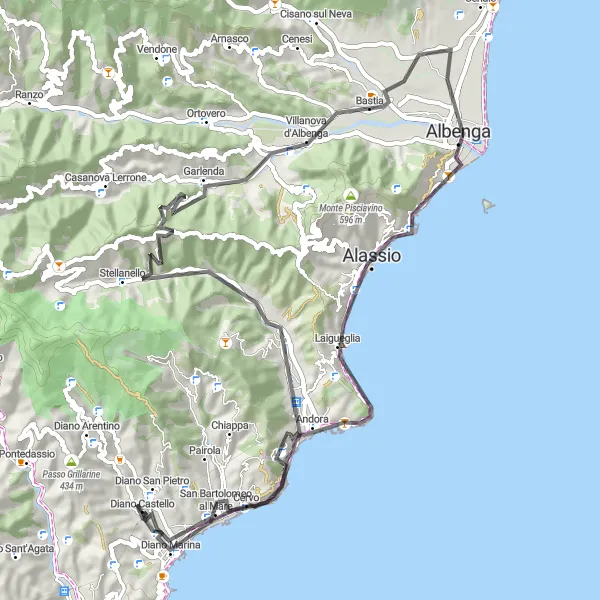 Miniaturní mapa "Středně náročná silniční trasa kolem oblasti Diano Castello" inspirace pro cyklisty v oblasti Liguria, Italy. Vytvořeno pomocí plánovače tras Tarmacs.app