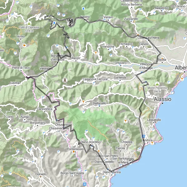 Map miniature of "Giro della Val Rossa" cycling inspiration in Liguria, Italy. Generated by Tarmacs.app cycling route planner