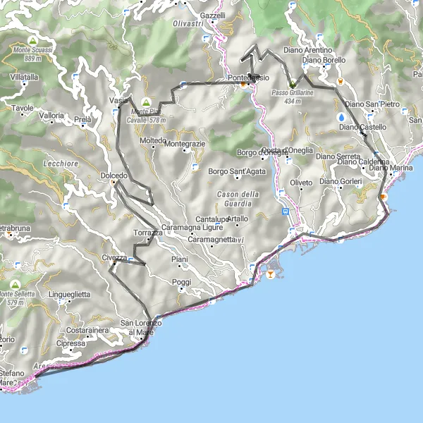Mapa miniatúra "Okruh kolo - Diano Castello" cyklistická inšpirácia v Liguria, Italy. Vygenerované cyklistickým plánovačom trás Tarmacs.app