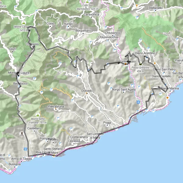 Kartminiatyr av "Bergsutflykt till Monte Berona" cykelinspiration i Liguria, Italy. Genererad av Tarmacs.app cykelruttplanerare