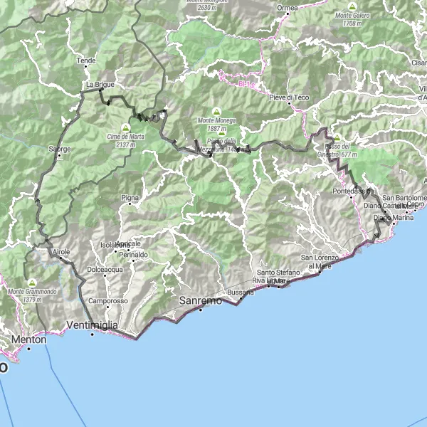 Miniaturní mapa "Silniční cyklotrasa okolo Diano Castello" inspirace pro cyklisty v oblasti Liguria, Italy. Vytvořeno pomocí plánovače tras Tarmacs.app