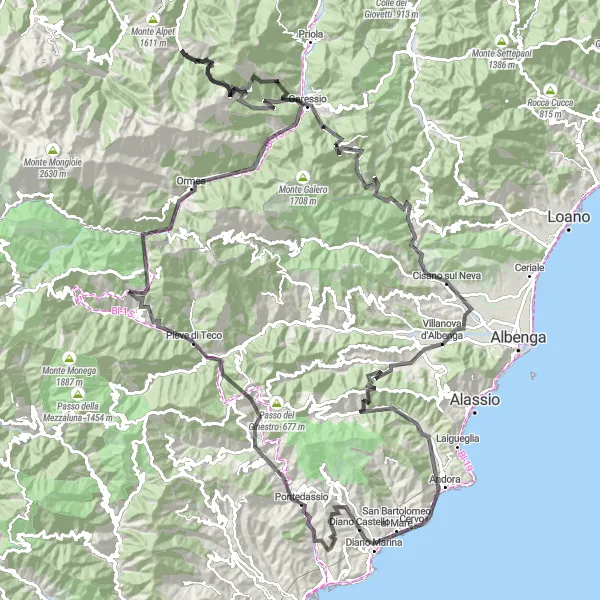 Miniatua del mapa de inspiración ciclista "Ruta panorámica por Diano Castello y Garessio" en Liguria, Italy. Generado por Tarmacs.app planificador de rutas ciclistas