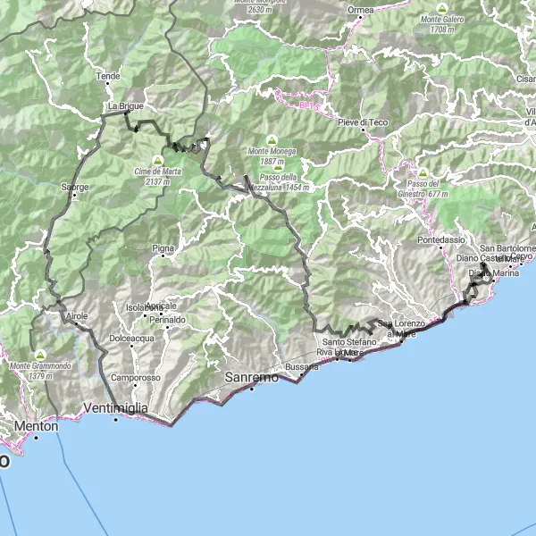 Miniaturní mapa "Okružní cyklistická trasa kolem Diano Castello" inspirace pro cyklisty v oblasti Liguria, Italy. Vytvořeno pomocí plánovače tras Tarmacs.app