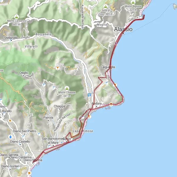 Miniatua del mapa de inspiración ciclista "Ruta de gravilla de Diano Marina a Alassio" en Liguria, Italy. Generado por Tarmacs.app planificador de rutas ciclistas