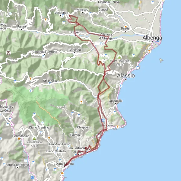 Miniatura della mappa di ispirazione al ciclismo "Il Fascino Gravel della Riviera di Ponente" nella regione di Liguria, Italy. Generata da Tarmacs.app, pianificatore di rotte ciclistiche