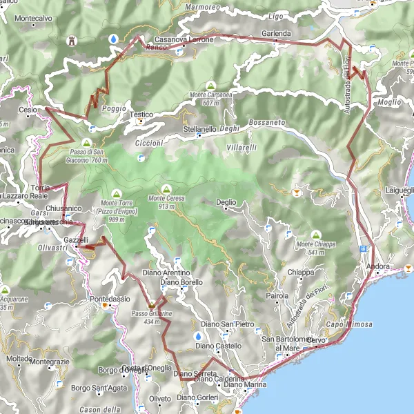 Kartminiatyr av "Diano Arentino och Salto nel Blu Grusvägscykling" cykelinspiration i Liguria, Italy. Genererad av Tarmacs.app cykelruttplanerare
