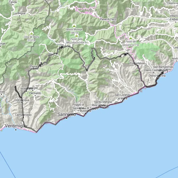 Mapa miniatúra "Okruh cez Sanremo a Dolceacqua" cyklistická inšpirácia v Liguria, Italy. Vygenerované cyklistickým plánovačom trás Tarmacs.app