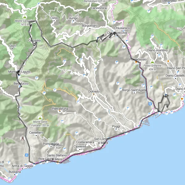 Karttaminiaatyyri "Kaunis retki Ligurian rannikolla" pyöräilyinspiraatiosta alueella Liguria, Italy. Luotu Tarmacs.app pyöräilyreittisuunnittelijalla