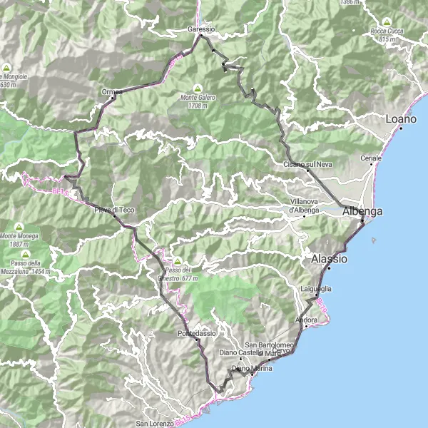 Miniatuurkaart van de fietsinspiratie "Monte Bardellini Circuit" in Liguria, Italy. Gemaakt door de Tarmacs.app fietsrouteplanner